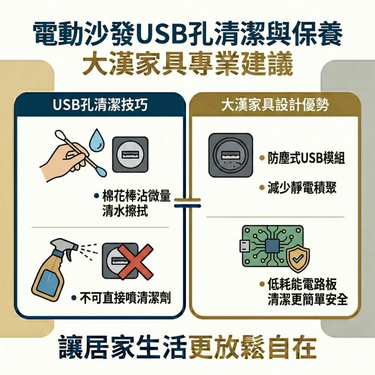 電動沙發USB孔周圍容易卡灰,大漢家具建議可以用棉花棒沾微量清水擦拭即可