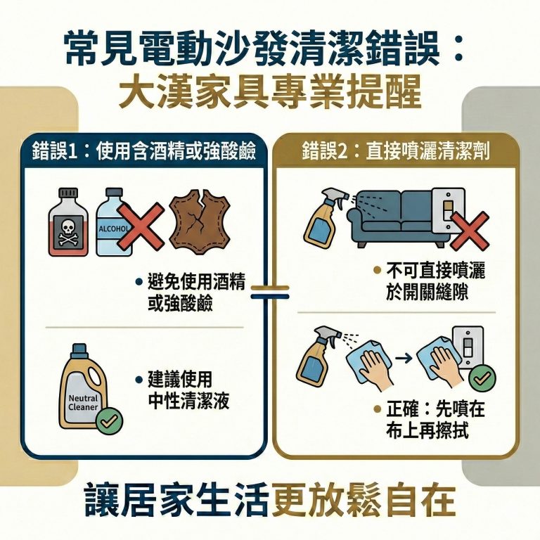 這是一般人常犯的電動沙發清潔錯誤,如果有清潔上的疑問,也可以詢問大漢家具客服