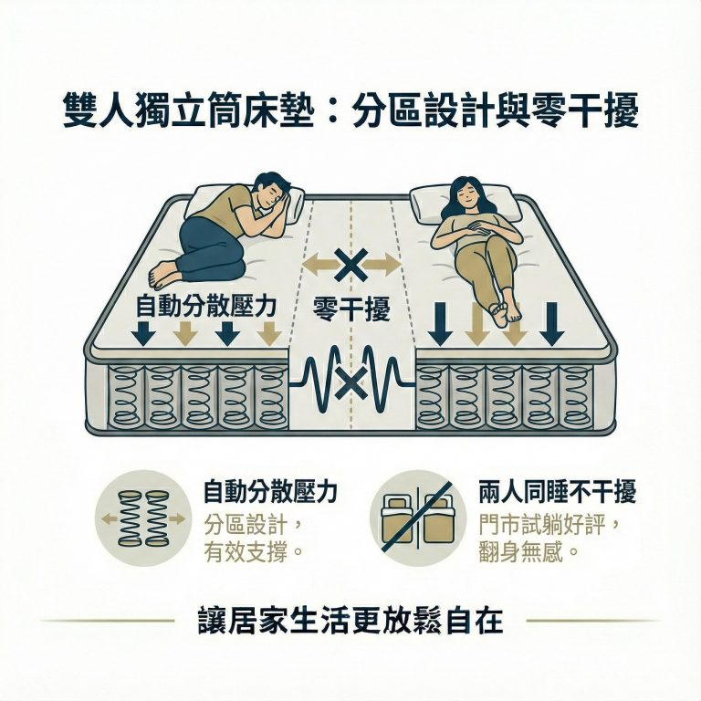 大漢家具的雙人獨立筒床墊採分區設計,不用擔心同睡互相干擾