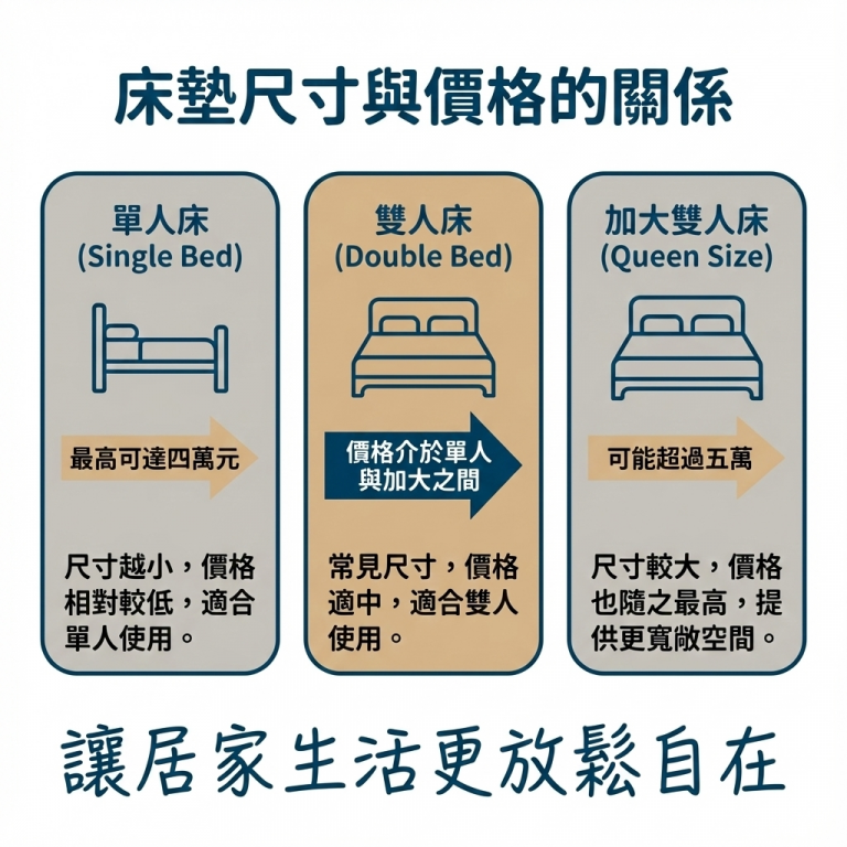 獨立筒床墊不同尺寸就會對應到不同價格，越大的床價格自然越高