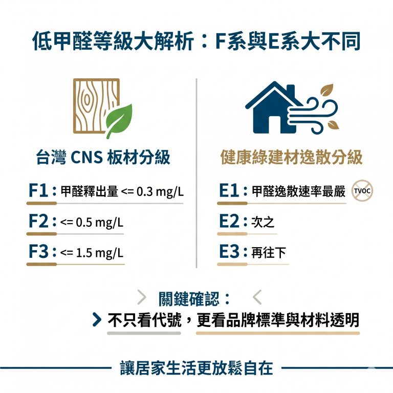 大漢家具提醒,台灣常見的甲醛等級標準有分成板材的F系與綠建材的E系,消費者在選購時可以多留意