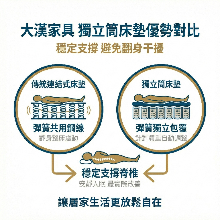 獨立筒床墊每個獨立筒分別運作,可以避免傳統彈簧兩人同睡時的干擾