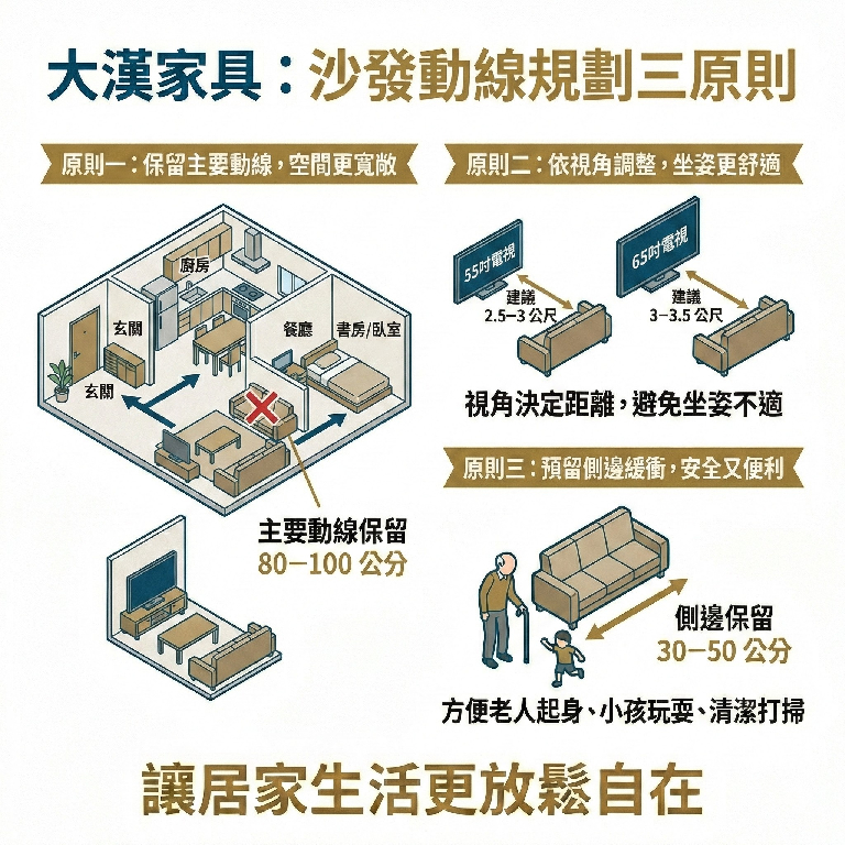 大漢家具建議，在考慮沙發要擺放在哪裡時，可以以這三個原則決定